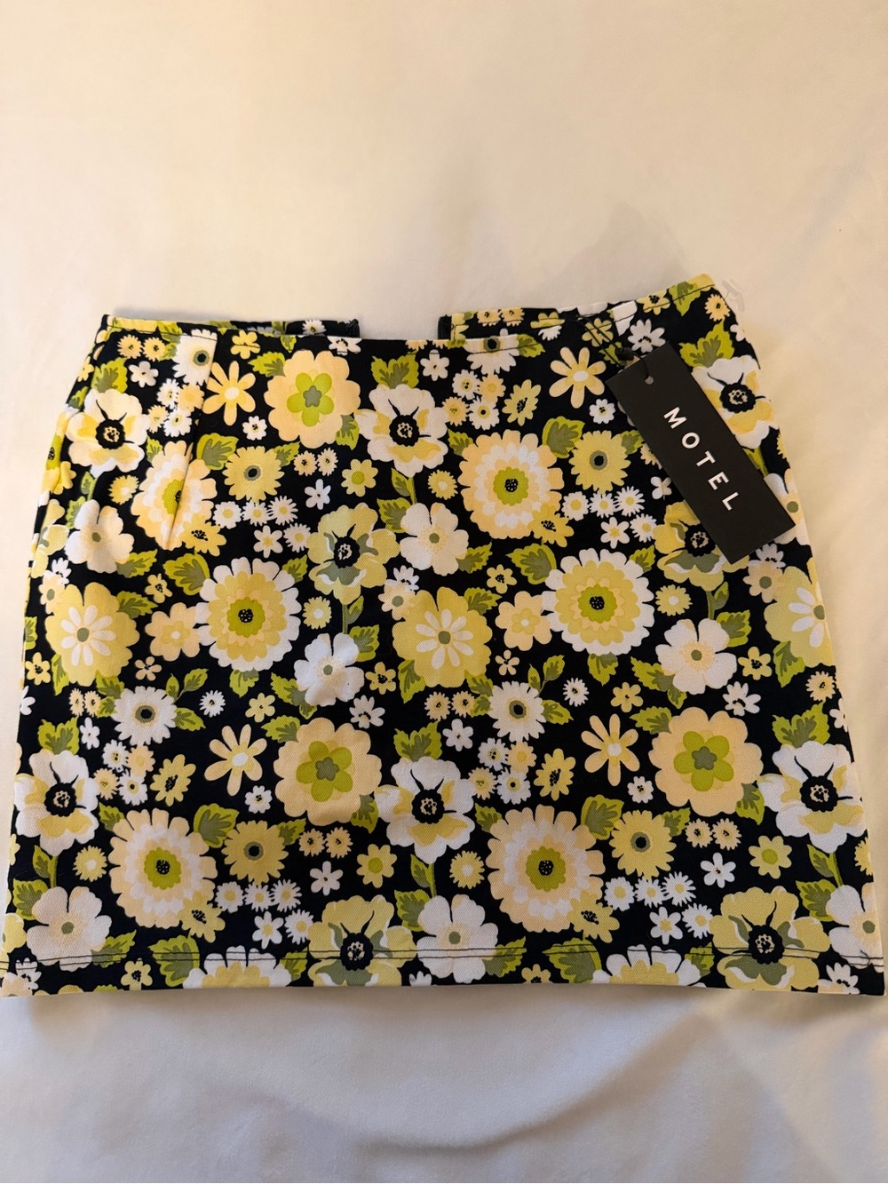 Motel Rocks Black Mini Skirt with Yellow, White & Green Floral Print